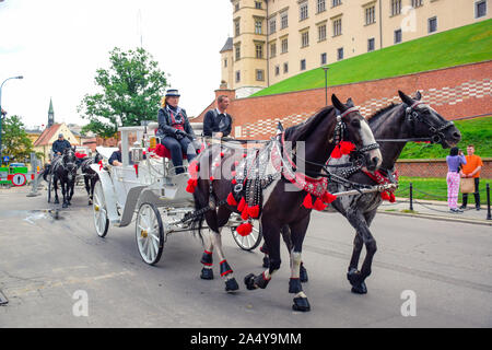 Calèche traditionnelle véhicule servant les touristes autour du Château Royal de Wawel, l'activité touristique la plus populaire dans la ville de Cracovie, Pologne Banque D'Images