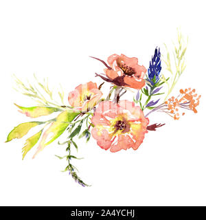 Suite nuptiale mariage romanric doux bouquet de fleurs rustiques . Dessin aquarelle rose et violet et orange fleurs ornament Banque D'Images