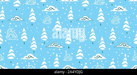 Forêt d'hiver douillet avec motif de noël faites à la main line art house et doodle cloud dans des tons bleu et glacé sur fond texturé. Happy design pour votre parfaite journée d'hiver et de noël. Illustration de Vecteur