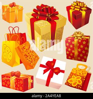 Boîtes cadeaux avec des rubans rouge et or Illustration de Vecteur