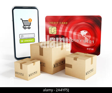 Smartphone, boîtes de fret et de cartes de crédit isolé sur fond blanc. 3D illustration. Banque D'Images