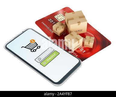 Smartphone, boîtes de fret et de cartes de crédit isolé sur fond blanc. 3D illustration. Banque D'Images