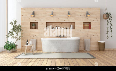 Salle de bains avec baignoire de style rustique en bois contre mur avec niche - le rendu 3D Banque D'Images