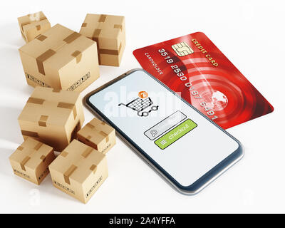 Smartphone, boîtes de fret et de cartes de crédit isolé sur fond blanc. 3D illustration. Banque D'Images