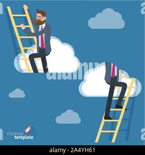 Escalade homme à travers les nuages dans le ciel. Illustration de Vecteur