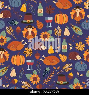 Dîner de Thanksgiving modèle vectoriel continu avec des citrouilles, des chapeaux, des tournesols, Turquie, hérisson, bouteille de vin, et des feuilles. Automne fond répétitif Illustration de Vecteur
