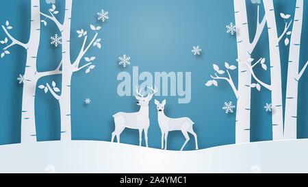 Paysage d'hiver avec deux cerfs et d'arbres sur le terrain d'hiver en papier coupé style. Vector illustration design pour toile de fond, papier peint, poster, salut ca Illustration de Vecteur