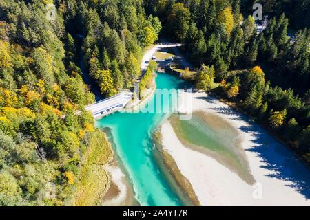 Lake, Sachensee Obernachkanal au réservoir, près de Wallgau, Werdenfelser Land, vue aérienne, Upper Bavaria, Bavaria, Germany Banque D'Images