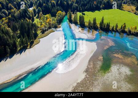 Lake, Sachensee Obernachkanal au réservoir, près de Wallgau, Werdenfelser Land, vue aérienne, Upper Bavaria, Bavaria, Germany Banque D'Images