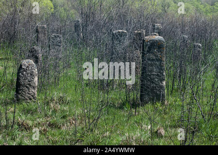 Scène de vieilles pierres tombales dans un cimetière musulman abandonné champ campagne Banque D'Images
