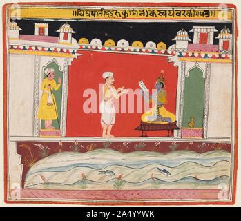 Une page d'un Bhagavata Purana série : un brahmane Krishna donne le message ou l'invitation pour le concours de Rukmini&# x2019;s Swayyamvar, ch. 1650-60. Banque D'Images