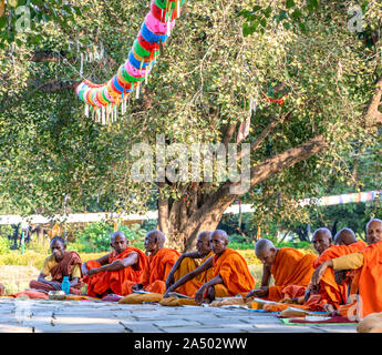 Les moines bouddhistes assis en face de Maya Devi Temple à Lumbini, Népal Banque D'Images