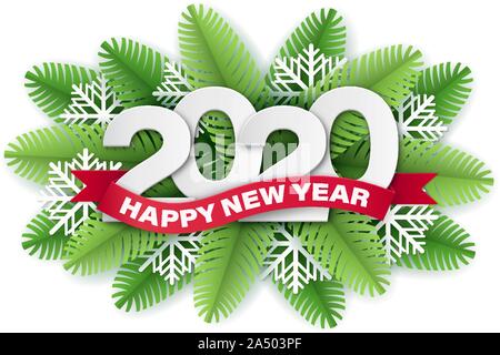 2020 coupe papier et les branches d'arbres de Noël. Illustration de Vecteur