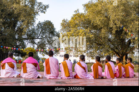 Jeune moine priant et méditant à Lumbini, Népal Banque D'Images