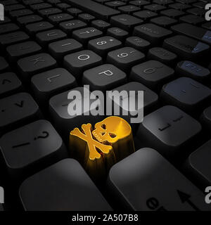 Touche du clavier de l'ordinateur du crâne / 3D illustration de la criminalité en ligne d'internet, de la sécurité et de la notion de piratage Banque D'Images