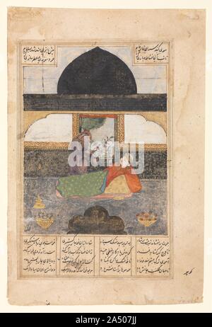 Bahram Gur rend visite à la Princesse de l'Inde dans le pavillon noir, illustration et texte, Perse versets (recto) ; Bahram Gur rend visite à la Princesse de l'Inde, la page de texte, Perse versets (verso), ch. 1400-1410. Banque D'Images