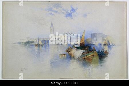 Bassin de San Marco, 1897. Aquarelle de Moran de Venise capture à la fois la splendeur de la ville et le pathos de sa gloire la décoloration. Son intérêt pour le sujet était sans doute influencé par John Ruskin's célèbre livre The stones of Venice (1851-53), ainsi que par les peintures et aquarelles de l'artiste britannique Joseph Mallord William Turner (1775-1851), lesquels Ruskin beaucoup admiré. Banque D'Images