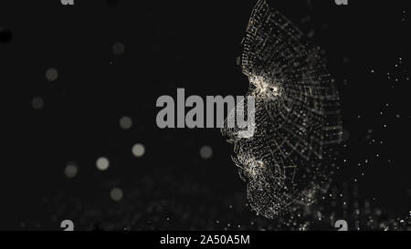 Visage humain composé de lignes et points lumineux. 3D illustration sur fond noir Banque D'Images