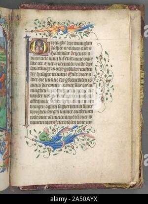 Livre d'heures (utilisation d'Utrecht) : fol. 222r, avec l'initiale de trois rois, ch. 1460-1465. Ce manuscrit est un effort de collaboration de deux éclairages de talent avec des styles distinctifs. Quatre-vingt-dix-sept chapiteaux historiés initiales (les lettres contenant des scènes), y compris celui sur recto (côté droit), sont par le maître de la ville de Boston de Dieu, un peintre qui a travaillé à Utrecht. Quatre miniatures pleine page (petites peintures), y compris la nativité sur le verso (côté gauche), ont récemment été attribué au maître de Gijsbrecht van Brederode. L'arrière-plan de la nativité dépeint un paysage urbain éloigné (p Banque D'Images