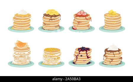 Set de 8 types de crêpes. Une pile de crêpes frits sur la plaque. Délicieux petit-déjeuner. Cartoon vector illustration. Illustration de Vecteur