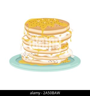 Une pile de crêpes frits avec de la crème fouettée et sirop d'érable. Délicieux petit-déjeuner. Cartoon vector illustration. Illustration de Vecteur