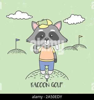 Le Raton laveur mignon à jouer au golf. Illustration vectorielle, prêt pour T-Shirt. Illustration de Vecteur