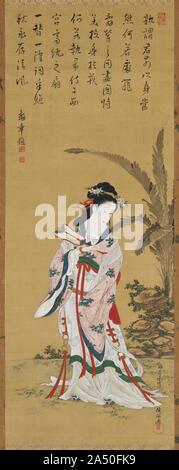 Beauté chinoise, fin des années 1700-début des années 1800. Kubo Shunman est mieux connu en tant que compositeur de la bande dessinée vers et concepteur d'impressions de haute qualité connu simplement comme "imprimé" les choses (surimono) sur lequel ces versets semblent généralement. Cependant, il a aussi peint plus grande échelle mais également des images détaillées de ce genre, dont le portrait d'une élégante femme chinoise devant un plant de banane. En accord avec la peinture&# x2019;s sensibilité, le verset inspiré par la scène et inscrit en haut est en chinois, et exécuté dans un style raffiné et élégant. Shunman&# x2019;s la signature à l'indic inférieur droit Banque D'Images