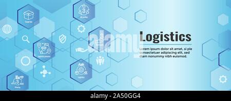 Icon Set logistique et web bannière d'en-tête w bâtiments, de camionnage, d'expédition et les gens fort Illustration de Vecteur