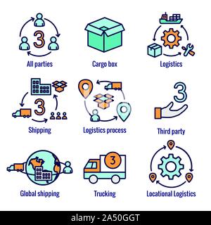 L'icône de la logistique set w bâtiments, de camionnage, d'expédition et les gens fort Illustration de Vecteur