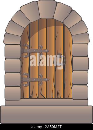 Château médiéval de style cartoon vector porte avec charnières et antique vintage pierres solides isolé sur blanc. Décoration pour les accessoires et un clip dessin animé Illustration de Vecteur