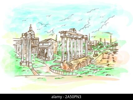 Aquarelle vestiges de temples in Foro Romano, Rome, Italie Illustration de Vecteur