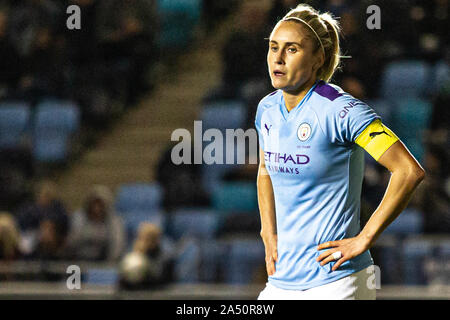 Manchester, UK. 16 Oct, 2019. Steph Houghton, capitaine de Manchester City et de l'Angleterre, au cours de l'UEFA Women's Champions League 1ère manche ronde de 16 match entre Manchester City et l'Atlético Madrid Femmes Femenino au stade de l'Académie, Manchester, Royaume-Uni le 16 octobre 2019. Photo de James Gill. Credit : premier Media Images/Alamy Live News Banque D'Images