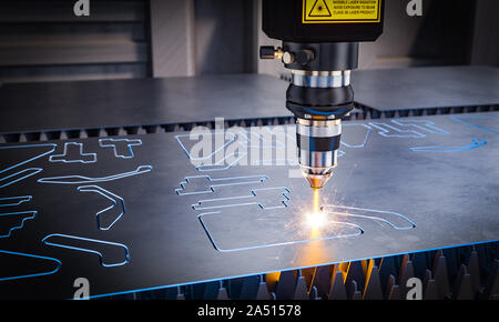 Laser cnc pour machines de coupe de métal. Image 3D rendu. Concept de l'automatisation dans l'industrie lourde. Banque D'Images