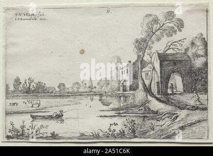 Paysage avec une rivière et un gardien, 1614. Banque D'Images