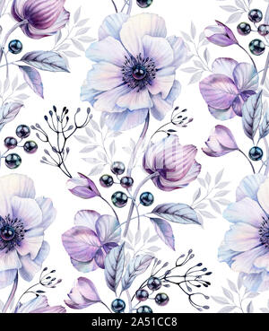 Les anémones aquarelle modèle homogène. Floral peint à la main avec des baies de surface design fait de perles noires. Bouquets Magenta isolé sur blanc pour Banque D'Images