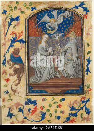 Feuille d'un livre d'heures : Vierge à l'enfant ont intronisé, ch. 1470-1480. Guillaume Vrelant, né à Utrecht, était connu pour être à Bruges à partir de 1454, où il est mort vers 1481. Il y a sans doute d'écarter une loi de 1427 qui interdit la vente d'images d'Utrecht. Un peintre très en vogue, il a fondé l'enluminure&# x2019 ; Guild à Bruges sous le patronage de Saint Jean l'Évangéliste. Il est connu pour avoir fourni à la cour bourguignonne manuscrits. Banque D'Images