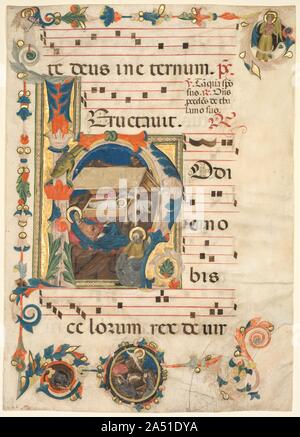 À partir d'une feuille avec Antiphonary initiale historiée (H) avec la Nativité (recto) et la musique (verso), début du 14e siècle. Cette énorme h initial illustre le début du texte de la première réponse matines pour le Jour de Noël : Hodie nobis celorum rex ("En ce jour, le Roi du Ciel"). La première est bien décorée d'une scène du Christ&# x2019;s nativité. De concert avec d'autres peintres et enluminures, Neri da Rimini a créé l'école de Rimini, caractérisée par un style de peinture dus aux travaux de Giotto, qui'il avait peut-être rencontré à Padoue. Banque D'Images