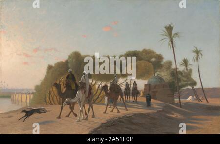 Quitter l'Oasis, 1880. Quitter l'Oasis reprend plusieurs thèmes en g&# xe9;r&# xf4;moi's art&# x2014;caravanes de chameaux, oasis, et de vastes paysages désertiques. En tant qu'universitaire, réaliste G&# xe9;r&# xf4;moi peint scènes quotidiennes dans un style brillant et méticuleux. Ici il a soigneusement rendu l'unique forme de la robe et les chiffres des chameaux caractéristiques physiques, ainsi que les couleurs de l'ciel changeant et les ombres projetées par le violet les chiens et les jambes des chameaux. Bien que la photo est lissé et détail suggérer une image photographique, G&# xe9;r&# xf4;moi en fait composé sa peinture Banque D'Images