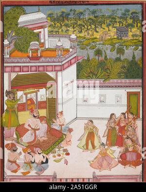 Maharaja de Kotah écouter de la musique et regarder les danseurs, c. 1820. Au premier plan le roi bénéficie de la nourriture, du vin, et un spectacle de danse avec ses compagnons sur la terrasse d'un palace residence. Son pavillon de chasse est sur la rive opposée de la rivière. Cerfs, sangliers, et le très convoité tiger errent dans les forêts sauvages. Les souverains de l'État princier de Kota a adopté de nombreux éléments architecturaux et les costumes de leurs suzerains, les empereurs de Mughal. Le mélange de marbre blanc et de grès rose avec pavillons sur le toit et des niches dans les murs sont typiques de l'architecture domestique en vertu des Moghols de l'Ind Banque D'Images