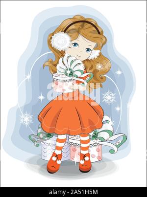 Noël, Nouvel an petite fille en costume de Père Noël, avec un casque de fourrure blanche et de cadeaux. Photo dans le style de dessin à la main, pour l'invitation à une fête, greet Illustration de Vecteur