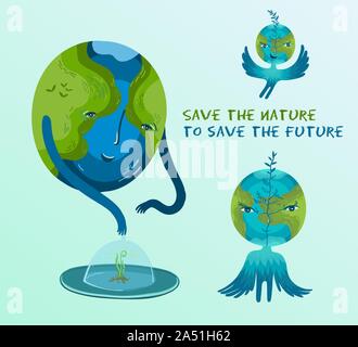 Sauver la nature pour sauver le futur. Vector illustration sur la conservation des arbres et des plantes sur la planète Terre. Mignon petit personnage conceptuel, illustr Illustration de Vecteur