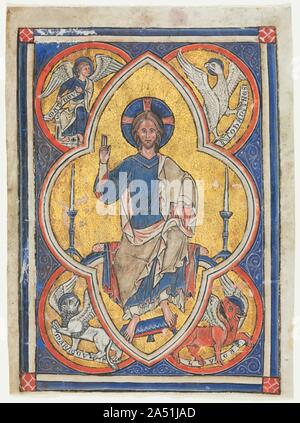 Excisés de miniature un Psautier : Christ en majesté avec les symboles des quatre évangélistes, c. 1235. Christ est assis dans un cadre cusped représentant son aura. Il est entouré par les quatre "êtres vivants"---l'evangile écrivains---tel qu'envisagé par Saint Jean dans son Apocalypse : un homme ailé (St. Matthieu), un lion (St. Mark), le boeuf (St. Luc), et un aigle (St. John). Banque D'Images