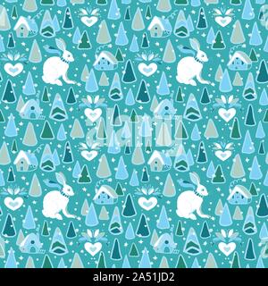 Forêt d'hiver douillet avec motif de noël arbre dessiné à la main, cottage et snow bunny dans des tons bleu et glacé sur fond bleu turquoise. Happy design pour votre parfaite journée d'hiver et de noël. Illustration de Vecteur