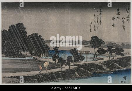 Nuit de pluie au Azuma de culte (de la série Huit vues de la région d'Edo), milieu des années 1830. Ici Hiroshige réinterprète le chinois traditionnel thème poétique et artistique de Huit vues de Xiaoxiang , une région pittoresque du sud-est de la Chine . Inspiré par "la pluie de nuit sur le Xiaoxiang", Hiroshige au lieu lieux voyageurs près de Azuma Jinja dans un Edo (aujourd'hui Tokyo) banlieue. Pigment bleu synthétique, importés de l'Ouest et très populaire au début des années 1800, ajoute à l'éclat du paysage en sourdine. Mince, chef-droites diagonales de l'encre blanche évoquent la pluie. Banque D'Images