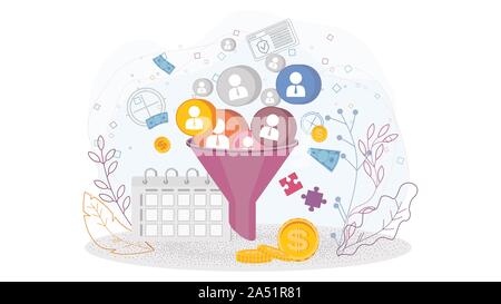 Vector sales funnel concept. Attirer des clients potentiels Illustration de Vecteur