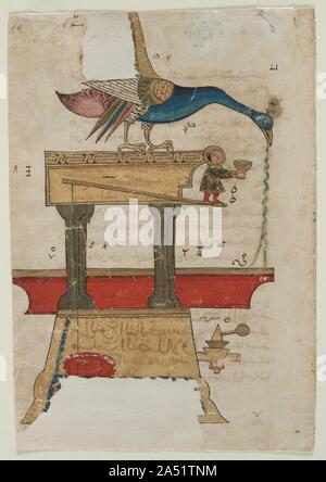 Lavage des mains en forme de paon Appareil : illustration du livre de la connaissance des dispositifs mécaniques ingénieux (automates) de l'INB al-Razza al-Jazari (recto), 1315. Le titre arabe de ce travail est Kitab fi al-hiyal marifat al handasiyya (Le Livre de la connaissance des dispositifs mécaniques ingénieux). Selon la description de l'appareil illustré ici, le paon est rempli avec de l'eau : comme il s'écoule dans le navire ci-dessous, il soulève un flotteur qui ouvre une porte dans la section ci-dessus, entraînant la petite figure d'aller de l'avant avec du savon ; plus que l'eau s'écoule, une deuxième porte s'ouvre et une autre figure w Banque D'Images