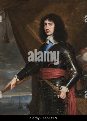 Portrait du roi Charles II d'Angleterre, 1653. Charles II (1630-1685) ont fui l'Angleterre en 1651 pendant la guerre civile anglaise et commandé ce portrait durant son exil en France. Charles II n'a jamais lutté sur le champ de bataille, mais il fut le dernier monarque britannique de porter une armure, ce qui représentait son rang et statut. Le roi des gestes pour la mer au-delà des falaises de Douvres, et la flotte d'attente révèle son intention de retourner en Angleterre, ce qu'il fit en 1660. Banque D'Images