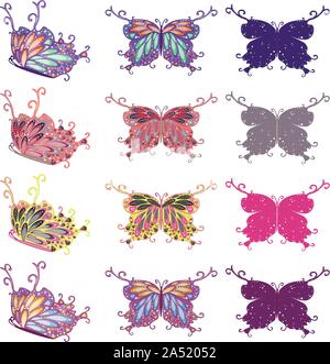 Ensemble d'abstract papillons multicolores sur fond blanc. Illustration de Vecteur