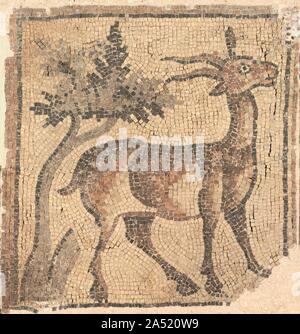 Ram près d'un arbre, 400s. Les deux fragments de la mosaïque d'un bouquetin et un bélier (1969.114) faisaient autrefois partie d'une beaucoup plus grande mosaïque qui ornait une église byzantine en Syrie du nord. Affiché à l'endroit dans le contexte des musées, ces fragments de mosaïque ont été affichés à plat, peut-être l'autel de l'église d'accompagnement pour évoquer un paradis. Le fragment de mosaïque montrant la chute d'Adam et Eve (1969.115) est susceptible d'avoir fait partie du même étage. Banque D'Images