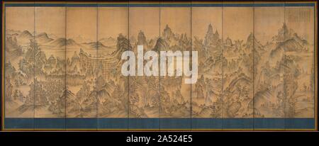 Sept Montagnes Jeweled, fin des années 1800. Avec un oiseau&# x2019;p-eye view, ce dix-écran rabattable fidèlement les fameux sept montagnes Jeweled ? ? ? En Corée du Nord. Les éruptions volcaniques anciens la montagne en forme d&# x2019;s unique et impressionnante comme piliers de forme phallique (panel # 5, à partir de la droite) ; un grand infraglaciaire cliff (panneaux # 7 et # 8), et une montagne robuste composé de roches ignées et métamorphiques (panneaux # 9 et # 10). La tradition de la peinture de paysages que les détails des sites naturels et de leur capture les caractéristiques topographiques en Corée a commencé dans les années 1700 et contin Banque D'Images